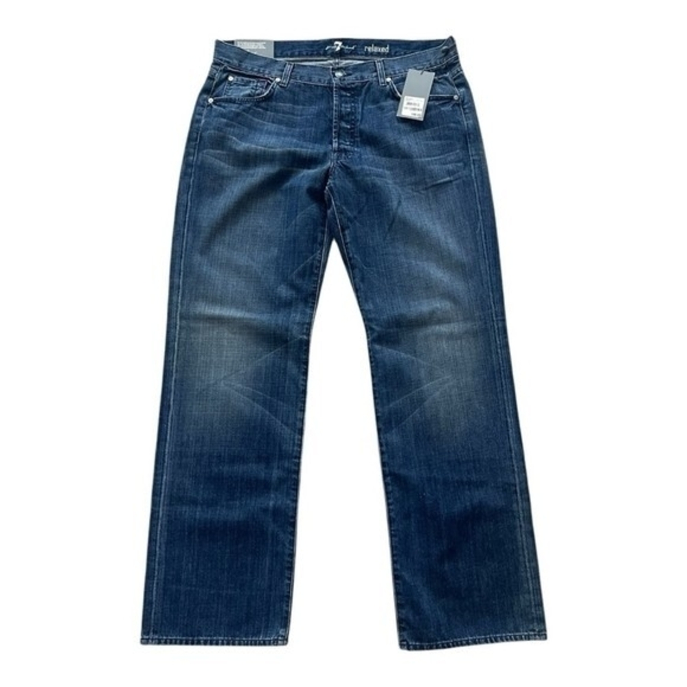 7 FOR ALL MANKIND Blue Denim Cotton Relaxed Fit Straight Leg Men Jeans 36x34 NWT - Picture 2 of 6